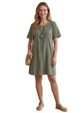 Lucky Brand Olive Sustainable Cotton Gauze Embroidered Bohemian Dress Size M